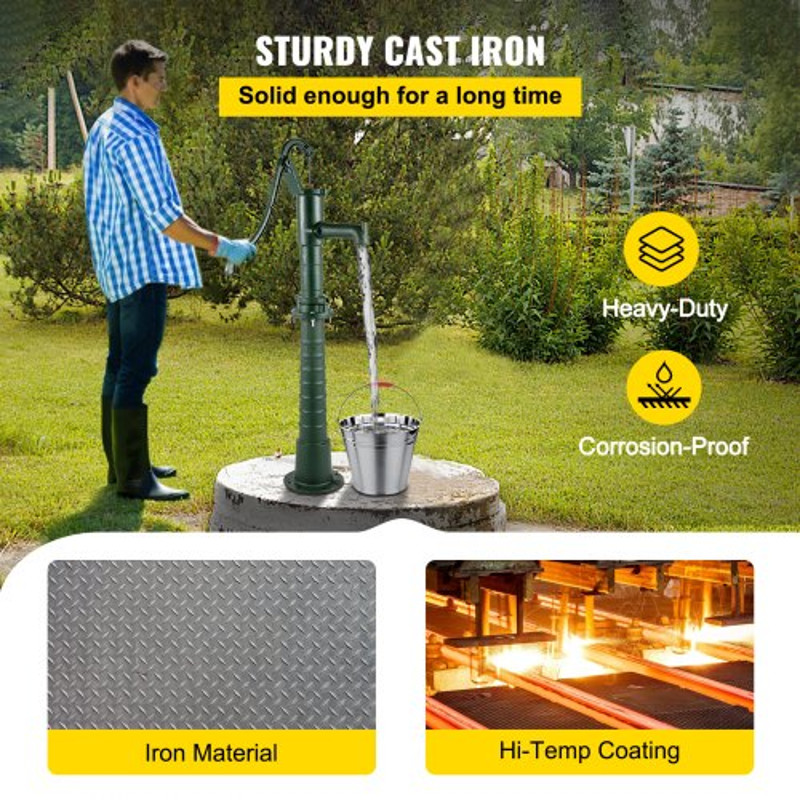 Rustic Cast Iron Hand Water Pump w/ Stand, Green Pitcher Pump for Garden, Yard, Farm Use, Pre-Set Holes for Fast Install