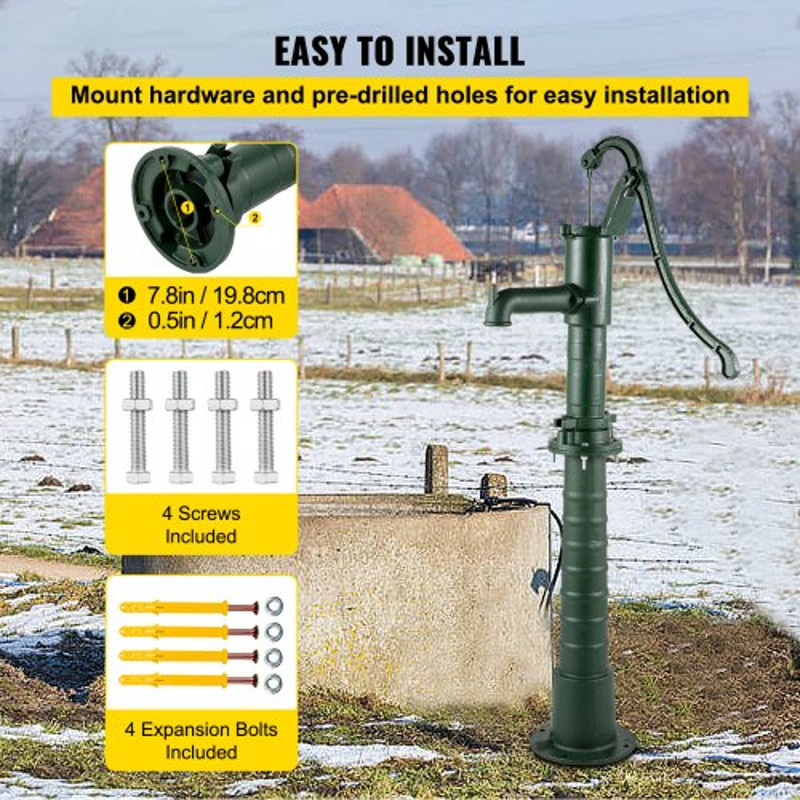 Rustic Cast Iron Hand Water Pump w/ Stand, Green Pitcher Pump for Garden, Yard, Farm Use, Pre-Set Holes for Fast Install