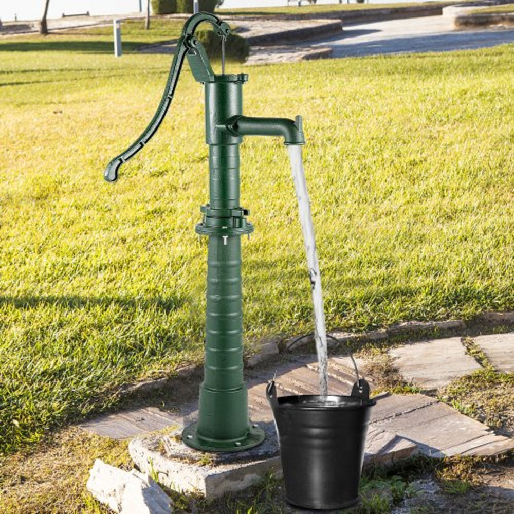 Rustic Cast Iron Hand Water Pump w/ Stand, Green Pitcher Pump for Garden, Yard, Farm Use, Pre-Set Holes for Fast Install