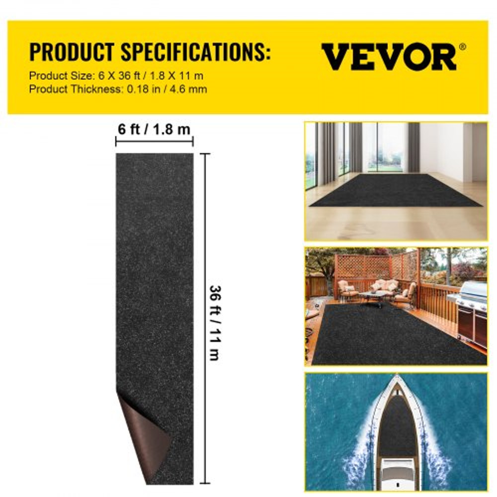Charcoal Black Marine Grade Boat Carpet, Heavy-Duty Indoor/Outdoor Marine Carpet with Non-Slip Surface & Waterproof TPR