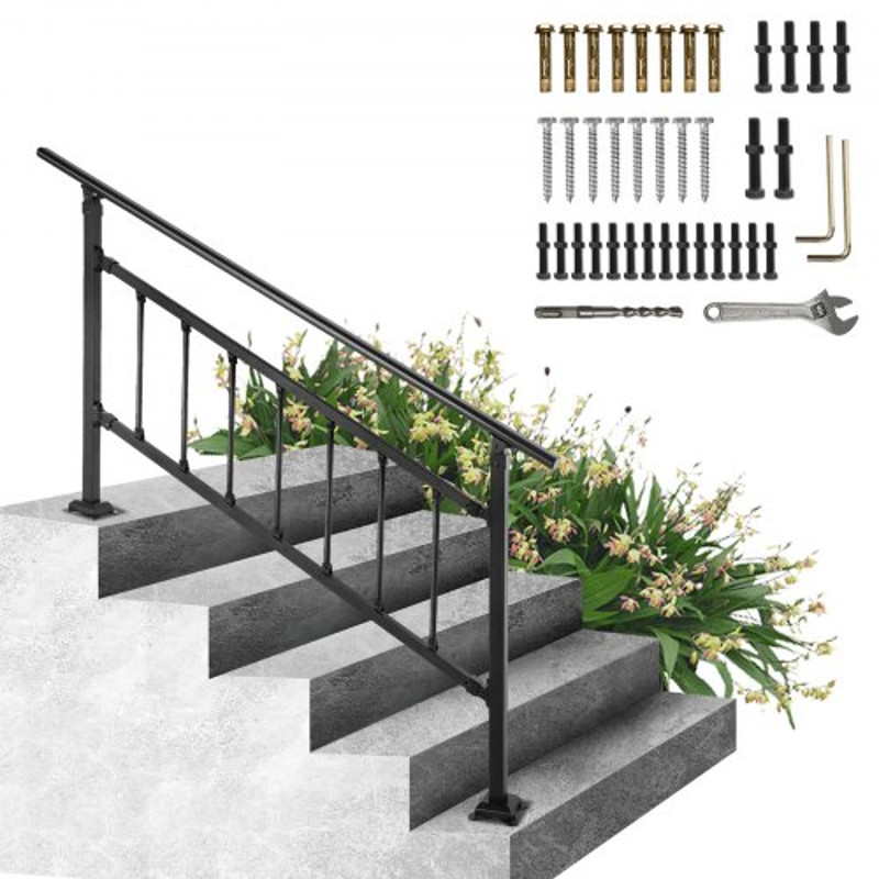 Transitional Wrought Iron Handrail Adjustable Exterior Stair Railing With Fence For 05 Steps Matte 1