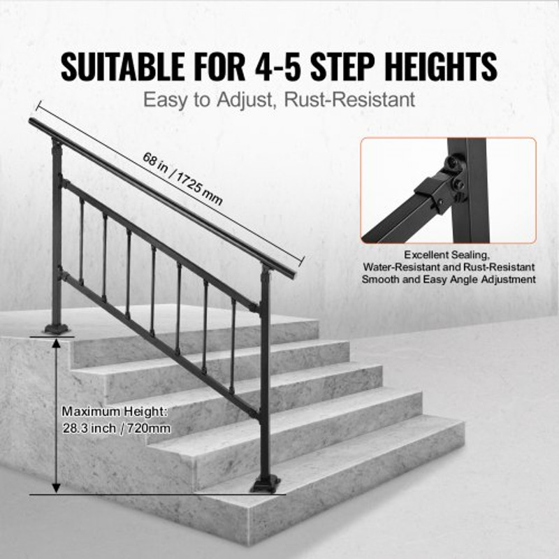 Transitional Wrought Iron Handrail Adjustable Exterior Stair Railing With Fence For 05 Steps Matte 3