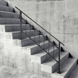transitional wrought iron handrail, adjustable exterior stair railing with fence for 0-5 steps | matte black finish