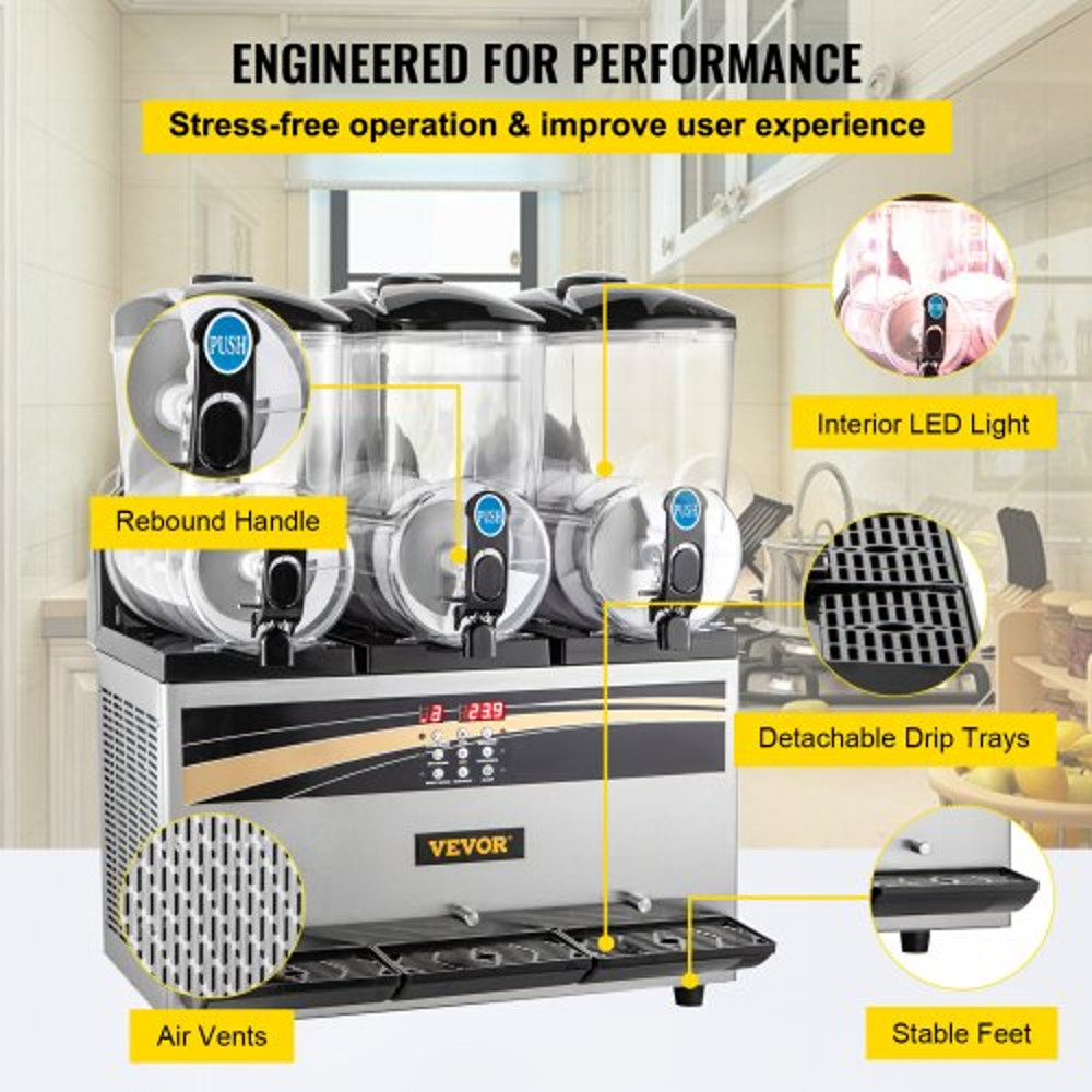 3x15L Commercial Slushy Machine 1200W Stainless Steel Frozen Drink Maker Adjustable Temperature 266 6