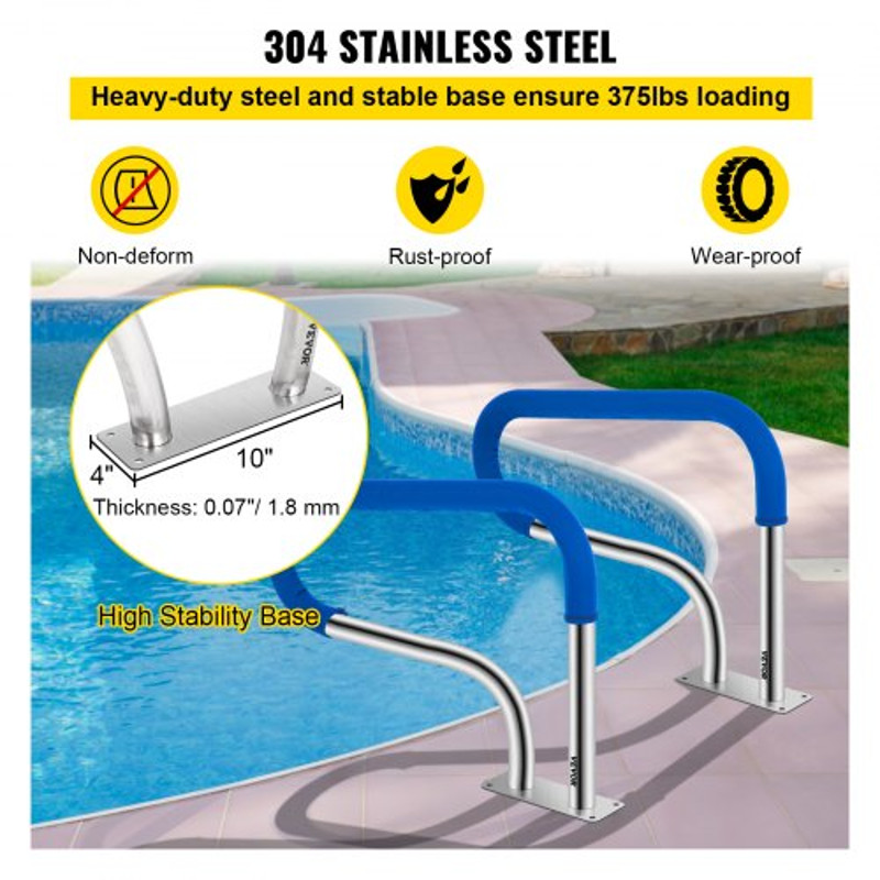 304 Stainless Steel Pool Handrail 375lbs Load Capacity QuickMount Base Plate Full Installation Kit 4