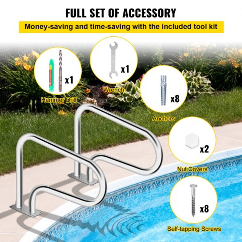 304 Stainless Steel Pool Handrail 375lbs Load Capacity QuickMount Base Plate Full Installation Kit 6
