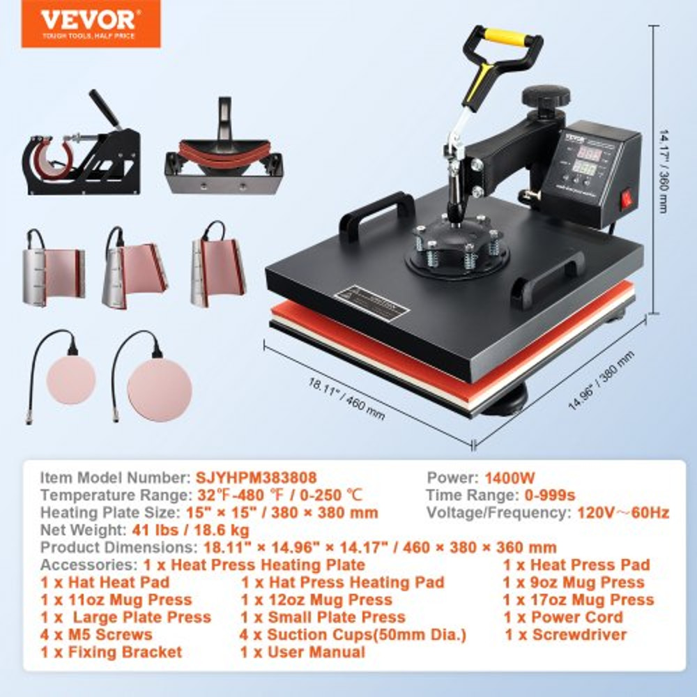 Multifunctional Heat Press Machine 15x15 8pc Combo Kit WDual LED Display Professional TShirt Mug 7