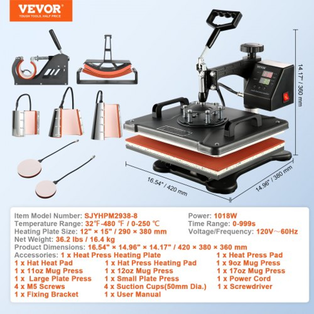 8in1 Heat Press Machine 12x15 Digital Transfer Press For TShirts Mugs Hats Plates Caps Profession 7