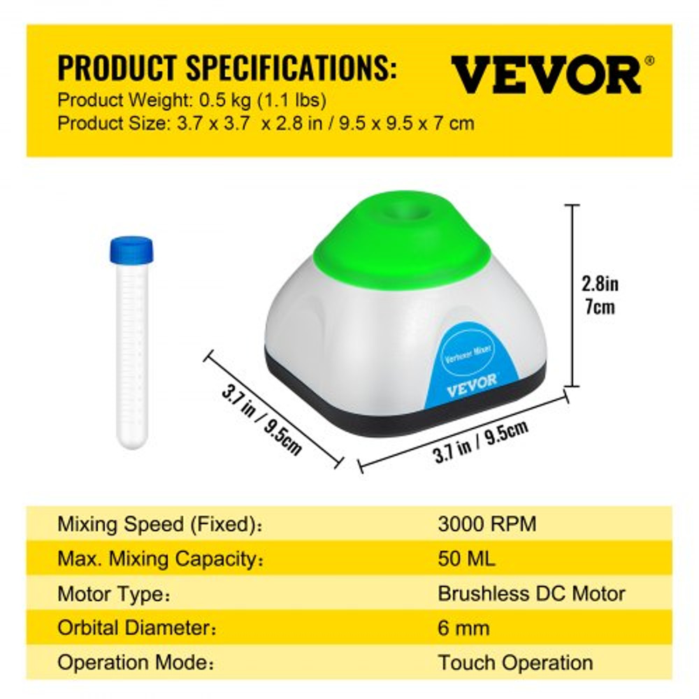 Lab-Grade Vortex Mixer Mini Shaker, Touch-Activated Mixing Orbital for Test Tubes, Tattoo Ink, Nail Polish, Paint