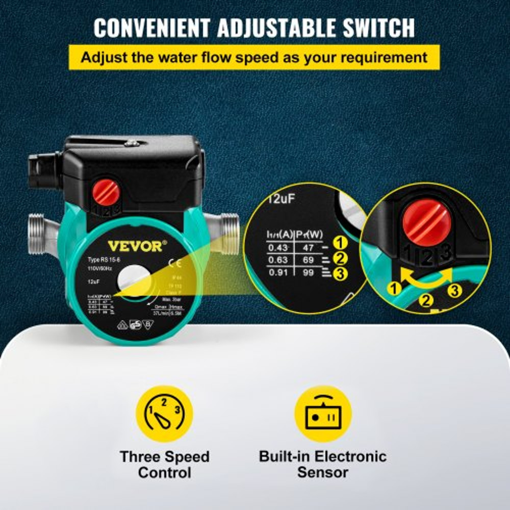 Hot Water Recirculating Pump, Stainless Steel Head Circulation Pump, Speed Electric Water Heater Circulator with NPT
