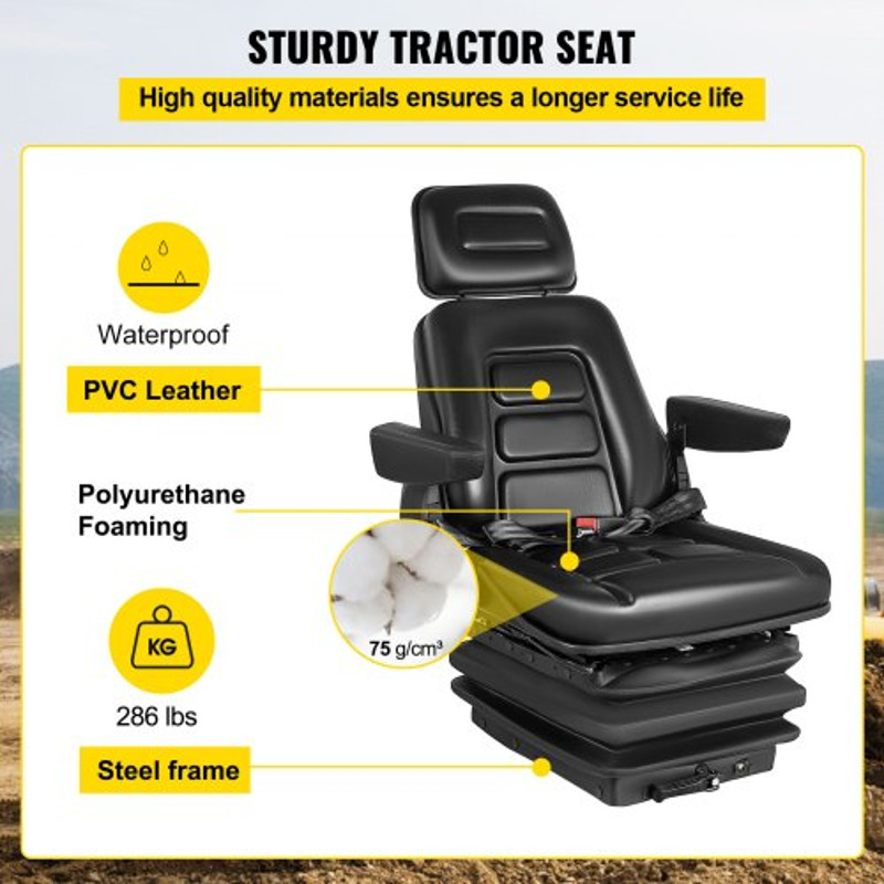 Foldable Heavy Duty Suspension Seat With Adjustable Backrest Headrest Armrest, Universal Forklift Seat With Slide Rails