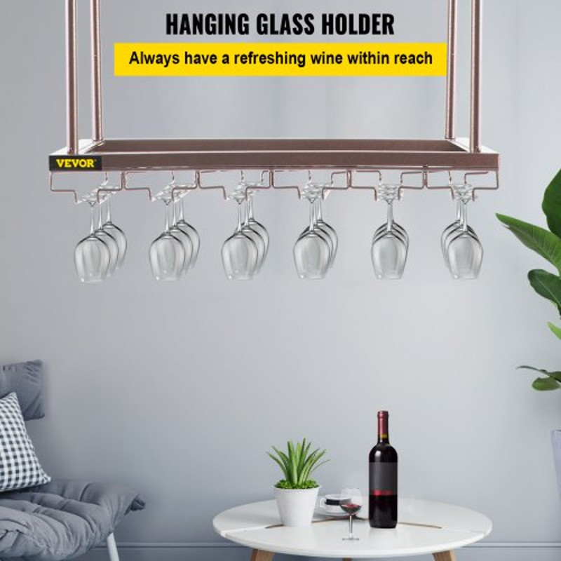 Ceiling-Mounted Wine Glass Rack, Adjustable Hanging Rack for Bar, Kitchen, Cafe, Coppery Wall Wine Glass