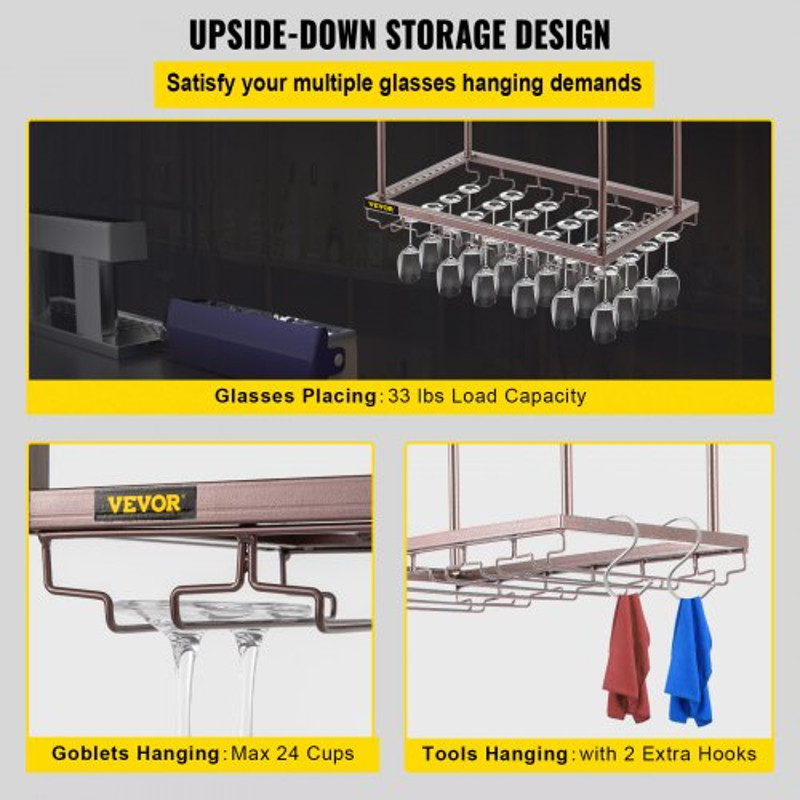 Ceiling-Mounted Wine Glass Rack, Adjustable Hanging Rack for Bar, Kitchen, Cafe, Coppery Wall Wine Glass