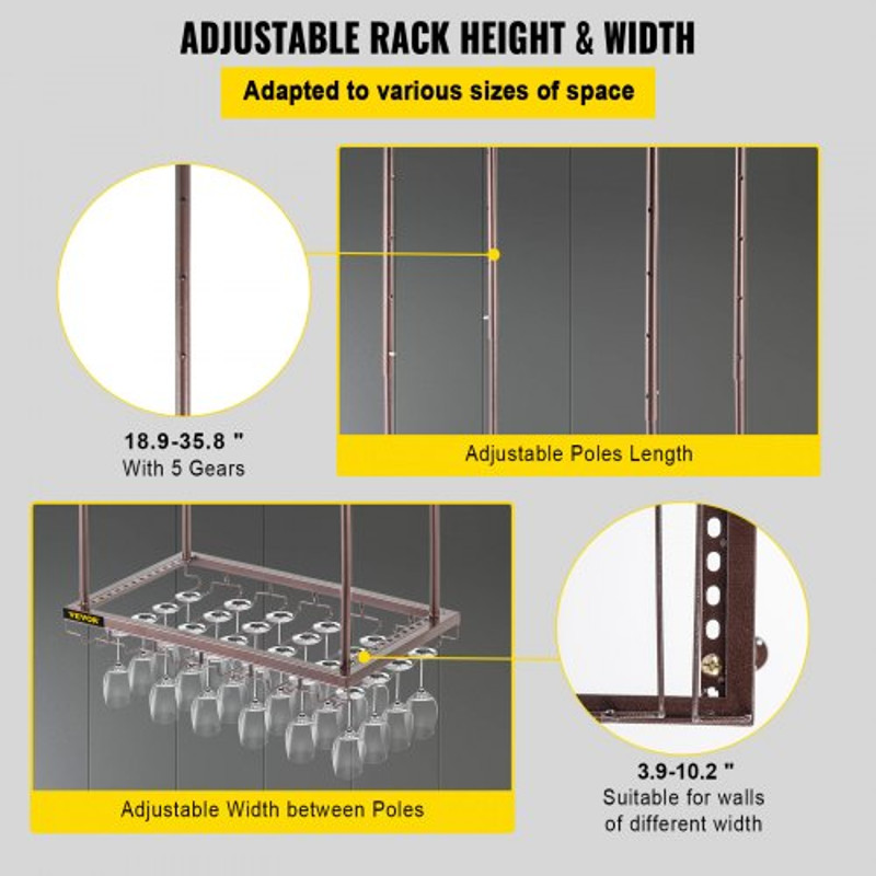 Ceiling-Mounted Wine Glass Rack, Adjustable Hanging Rack for Bar, Kitchen, Cafe, Coppery Wall Wine Glass