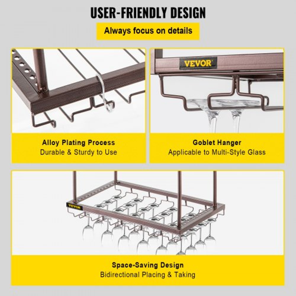 Ceiling-Mounted Wine Glass Rack, Adjustable Hanging Rack for Bar, Kitchen, Cafe, Coppery Wall Wine Glass
