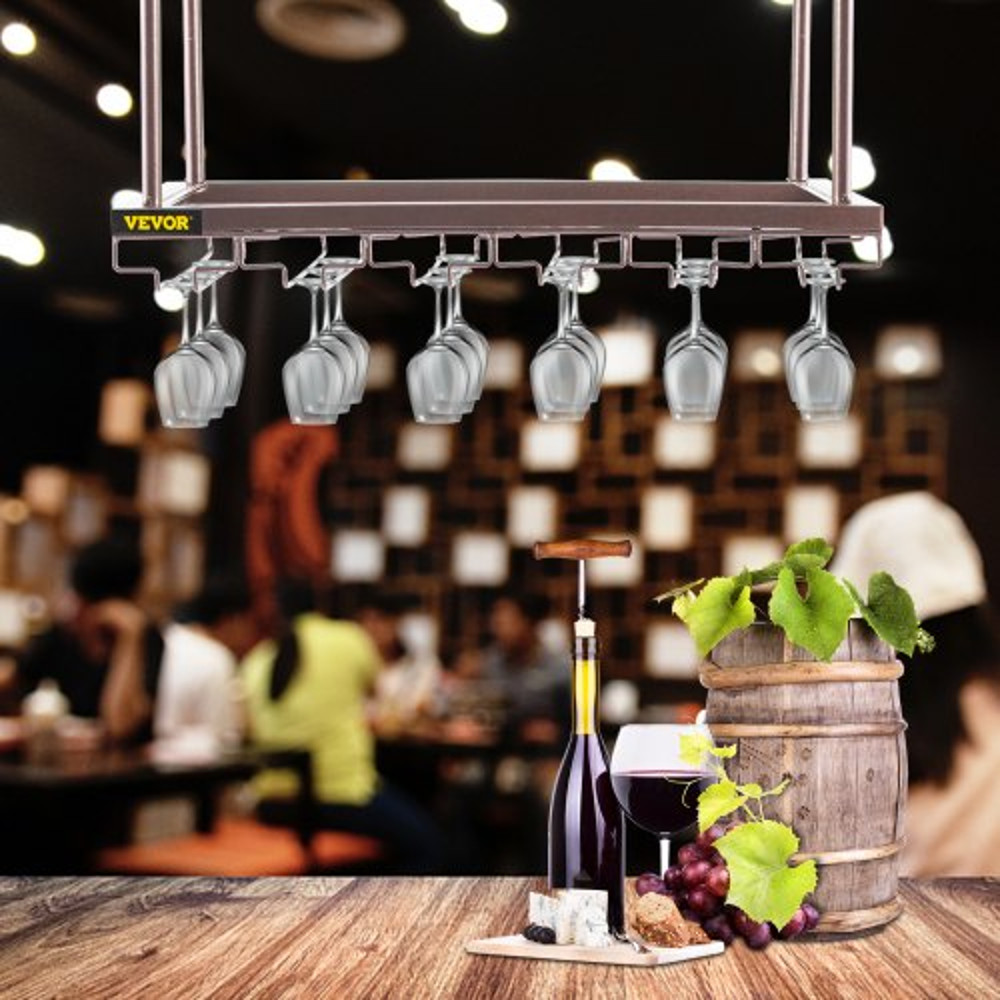 Ceiling-Mounted Wine Glass Rack, Adjustable Hanging Rack for Bar, Kitchen, Cafe, Coppery Wall Wine Glass