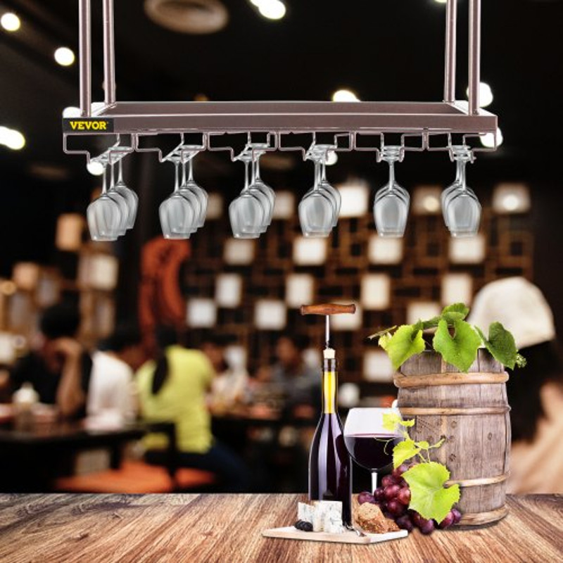 Ceiling-Mounted Wine Glass Rack, Adjustable Hanging Rack for Bar, Kitchen, Cafe, Coppery Wall Wine Glass