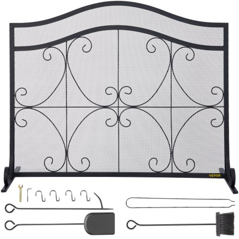 Heavy Duty Fireplace Screen, Freestanding Iron Spark Guard with Broom, Tong, Shovel & Poker, Metal Mesh, Fire Screen