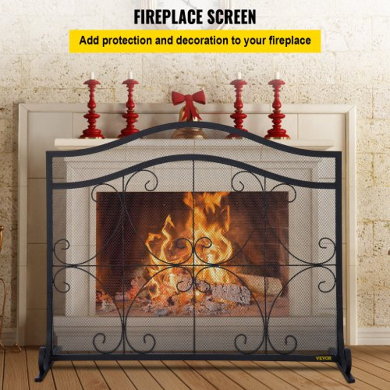 Heavy Duty Fireplace Screen, Freestanding Iron Spark Guard with Broom, Tong, Shovel & Poker, Metal Mesh, Fire Screen