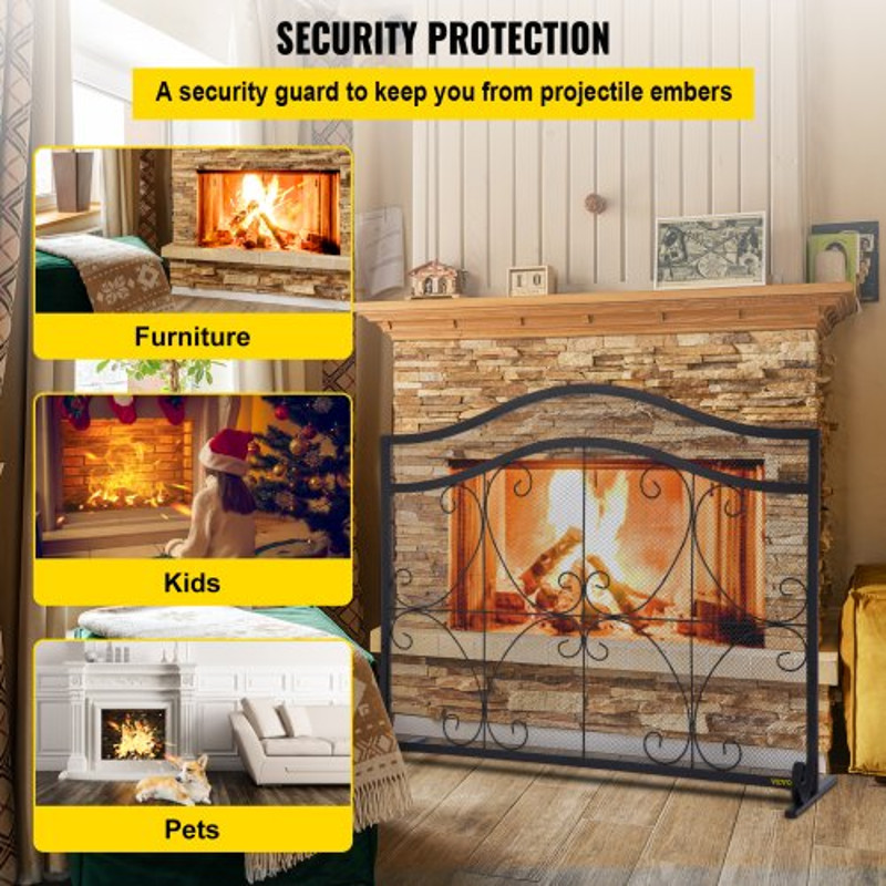 Heavy Duty Fireplace Screen, Freestanding Iron Spark Guard with Broom, Tong, Shovel & Poker, Metal Mesh, Fire Screen