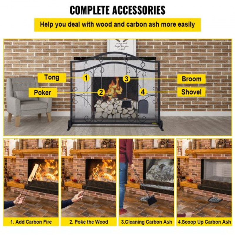 Heavy Duty Fireplace Screen, Freestanding Iron Spark Guard with Broom, Tong, Shovel & Poker, Metal Mesh, Fire Screen