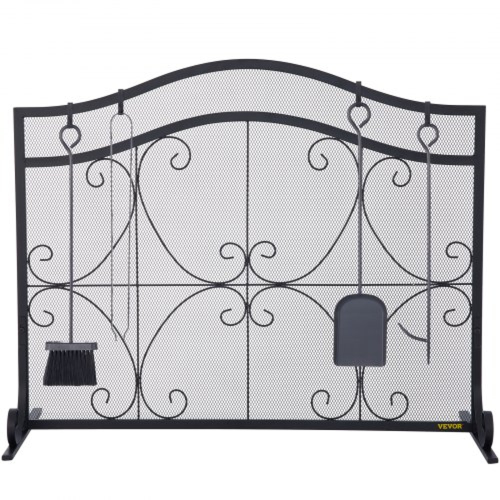 Heavy Duty Fireplace Screen, Freestanding Iron Spark Guard with Broom, Tong, Shovel & Poker, Metal Mesh, Fire Screen