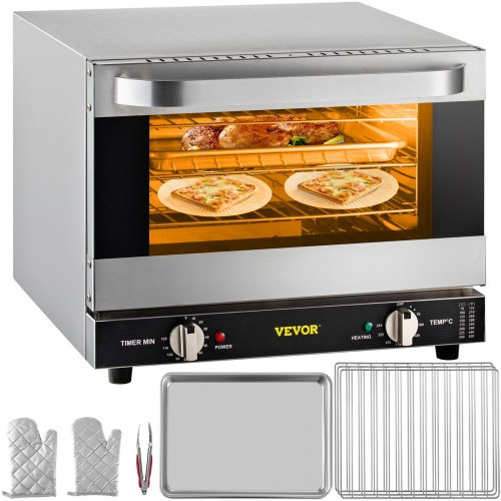 Commercial Convection Oven, Quarter-Size Electric Baking Oven Countertop Tier Toaster w/ Glass Door, Wire Racks, Clip