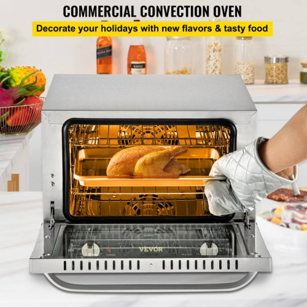 Commercial Convection Oven, Quarter-Size Electric Baking Oven Countertop Tier Toaster w/ Glass Door, Wire Racks, Clip