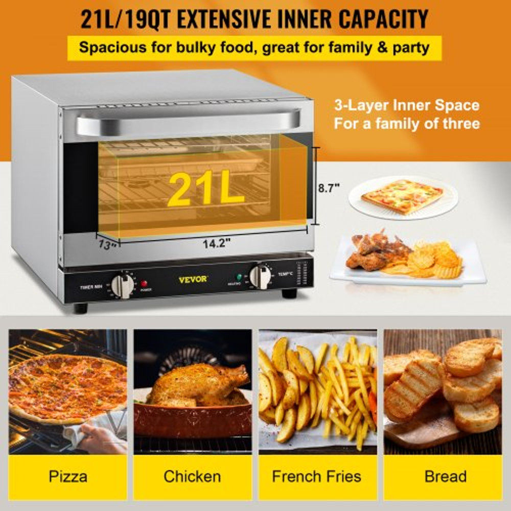 Commercial Convection Oven, Quarter-Size Electric Baking Oven Countertop Tier Toaster w/ Glass Door, Wire Racks, Clip