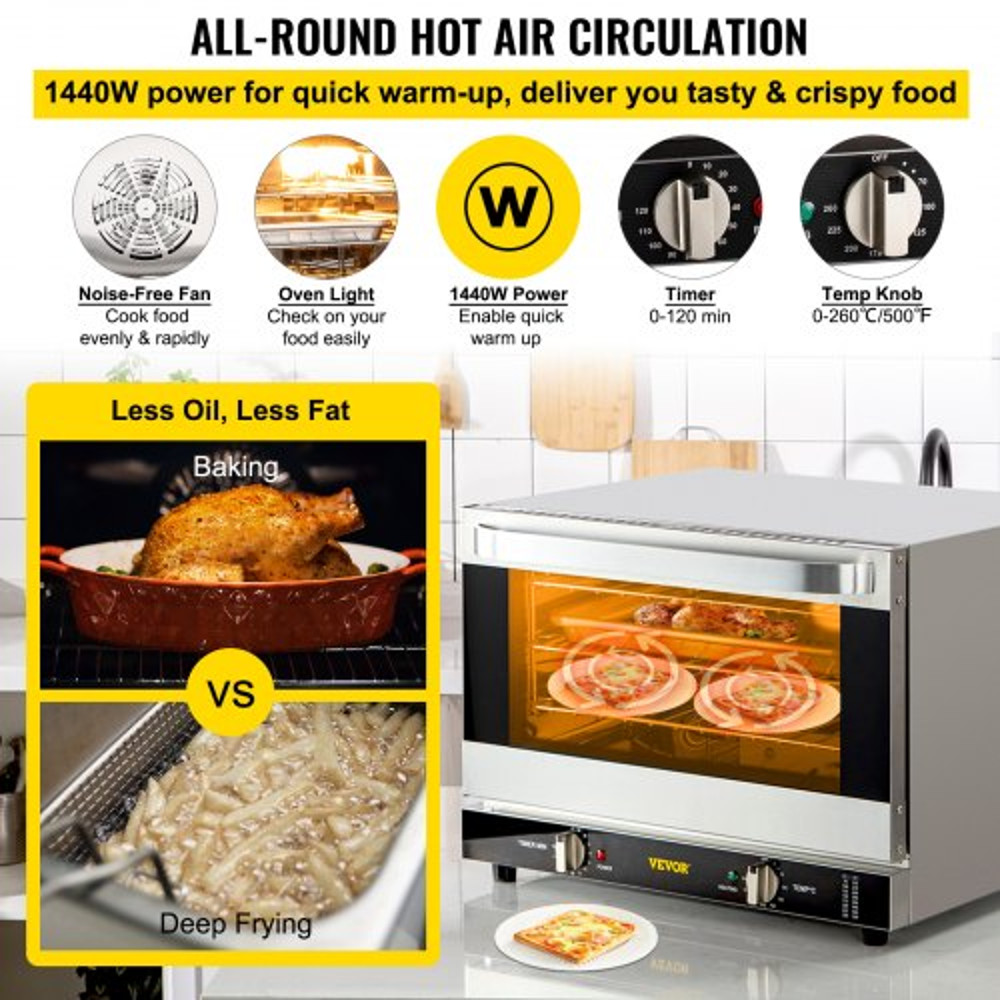 Commercial Convection Oven, Quarter-Size Electric Baking Oven Countertop Tier Toaster w/ Glass Door, Wire Racks, Clip