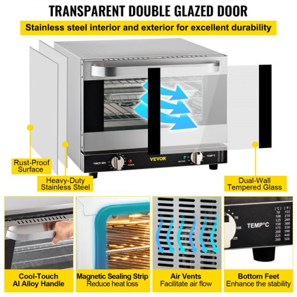Commercial Convection Oven, Quarter-Size Electric Baking Oven Countertop Tier Toaster w/ Glass Door, Wire Racks, Clip