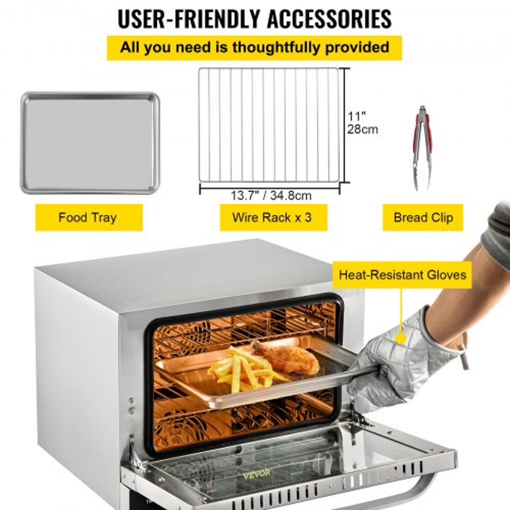 Commercial Convection Oven, Quarter-Size Electric Baking Oven Countertop Tier Toaster w/ Glass Door, Wire Racks, Clip