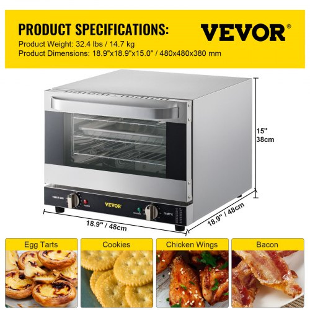 Commercial Convection Oven, Quarter-Size Electric Baking Oven Countertop Tier Toaster w/ Glass Door, Wire Racks, Clip