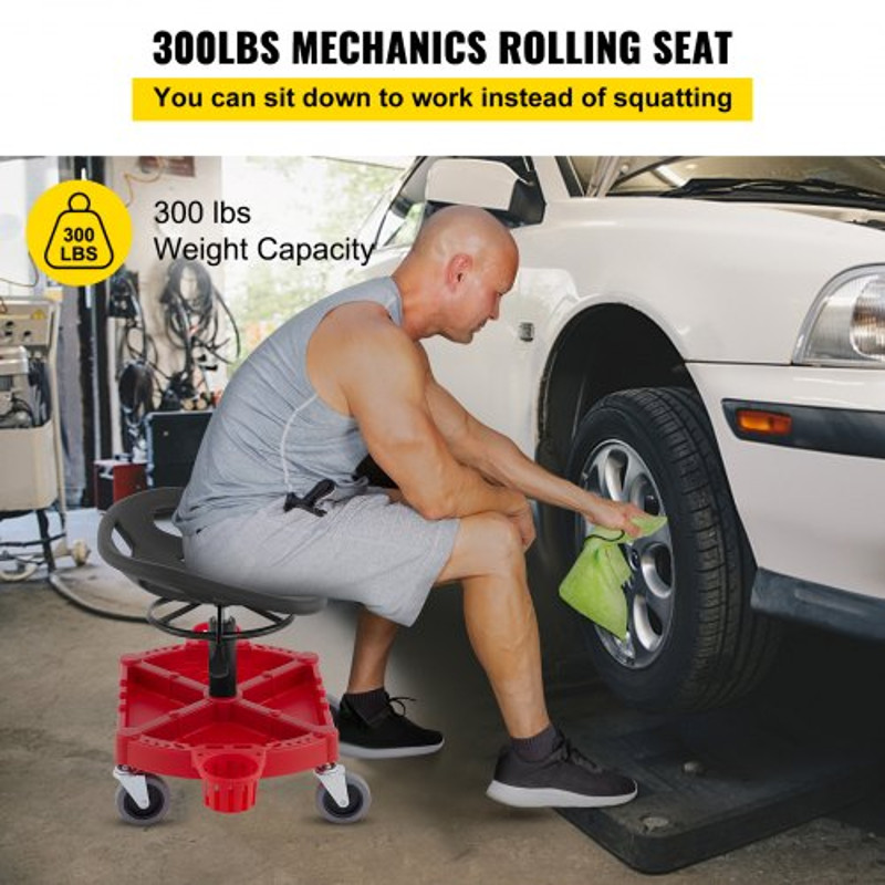 Rolling Garage Stool, Adjustable Shop Seat with 360-Degree Swivel Wheels, Tool Tray & Bottle Holders, Mechanic Stool