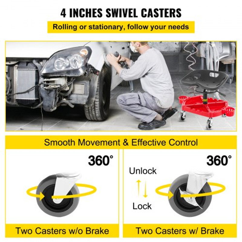 Rolling Garage Stool, Adjustable Shop Seat with 360-Degree Swivel Wheels, Tool Tray & Bottle Holders, Mechanic Stool