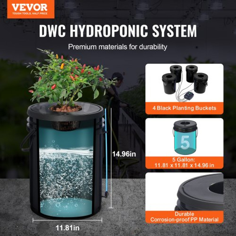 DWC Hydroponic System Gallon Buckets, Deep Water Culture Growing Bucket Kit with Pump, Air Stone & Water Level Device