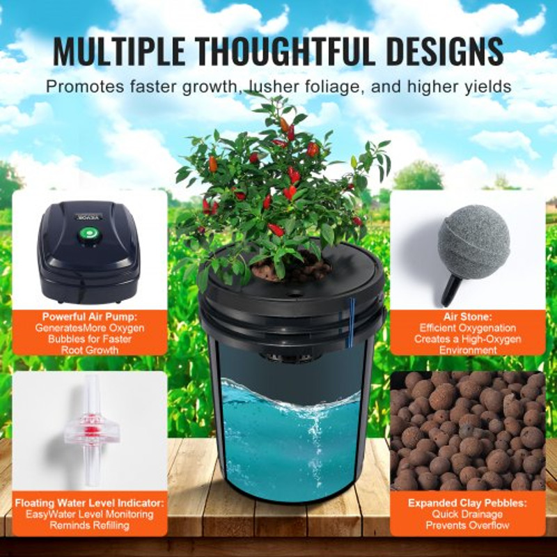 DWC Hydroponic System Gallon Buckets, Deep Water Culture Growing Bucket Kit with Pump, Air Stone & Water Level Device