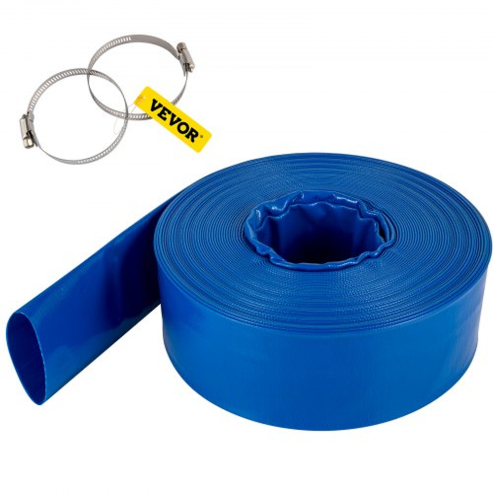 PVC Fabric Lay Flat Discharge Hose, Heavy Duty Blue Backwash Drain Hose with Clamps, Ideal for Swimming Pool