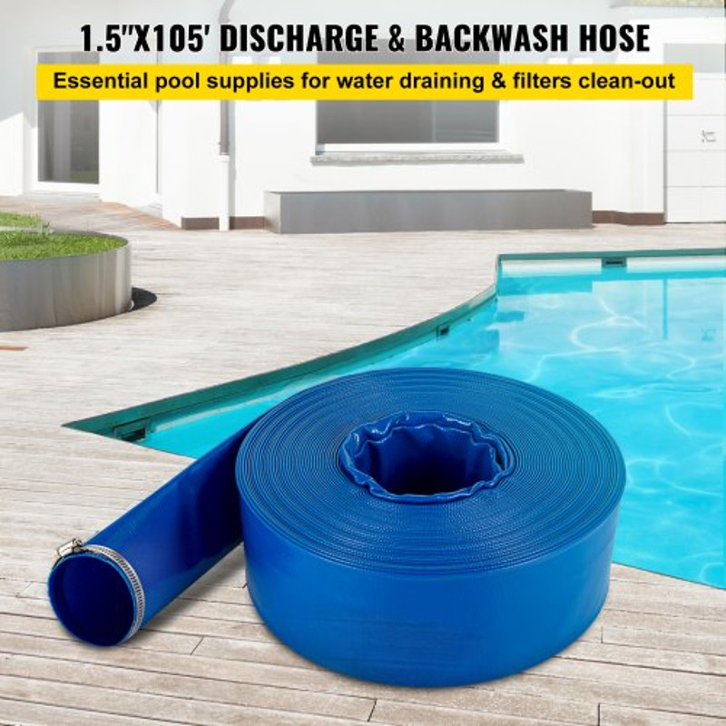 PVC Fabric Lay Flat Discharge Hose, Heavy Duty Blue Backwash Drain Hose with Clamps, Ideal for Swimming Pool