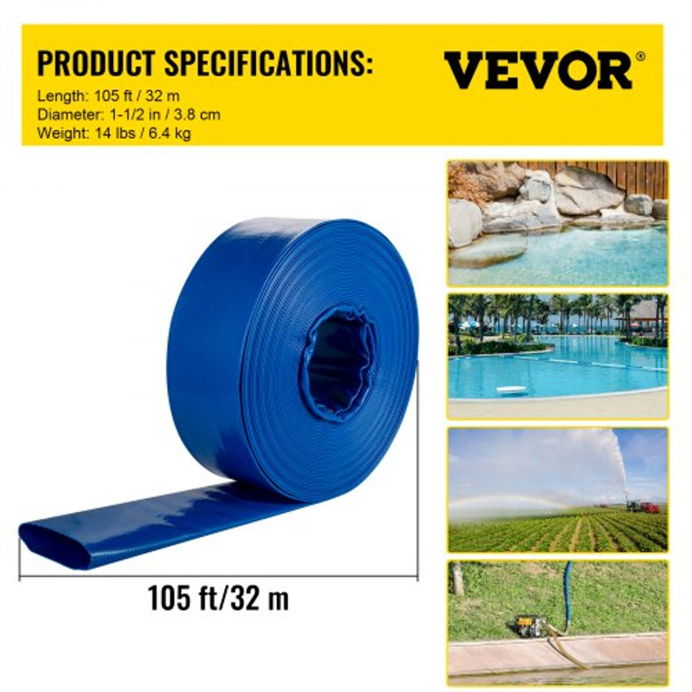 PVC Fabric Lay Flat Discharge Hose, Heavy Duty Blue Backwash Drain Hose with Clamps, Ideal for Swimming Pool