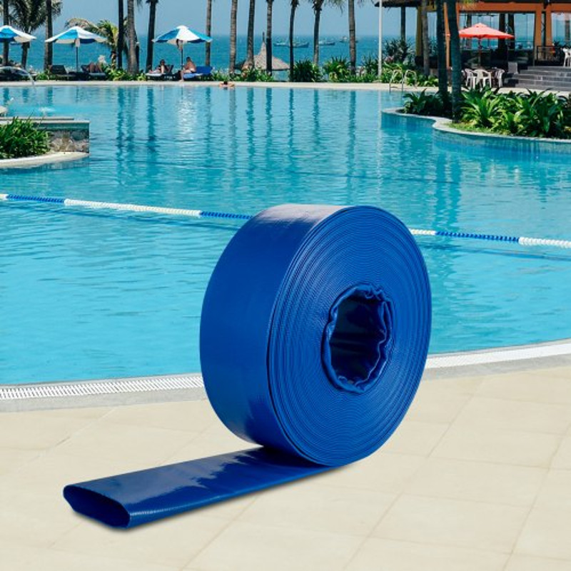 PVC Fabric Lay Flat Discharge Hose, Heavy Duty Blue Backwash Drain Hose with Clamps, Ideal for Swimming Pool