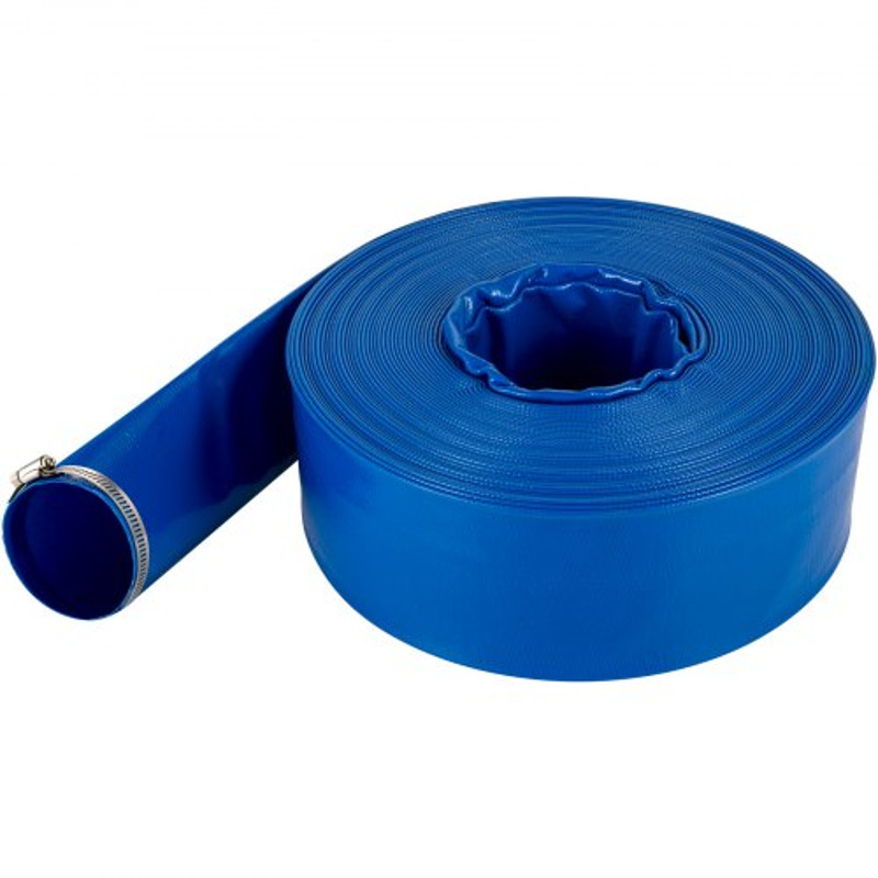 PVC Fabric Lay Flat Discharge Hose, Heavy Duty Blue Backwash Drain Hose with Clamps, Ideal for Swimming Pool