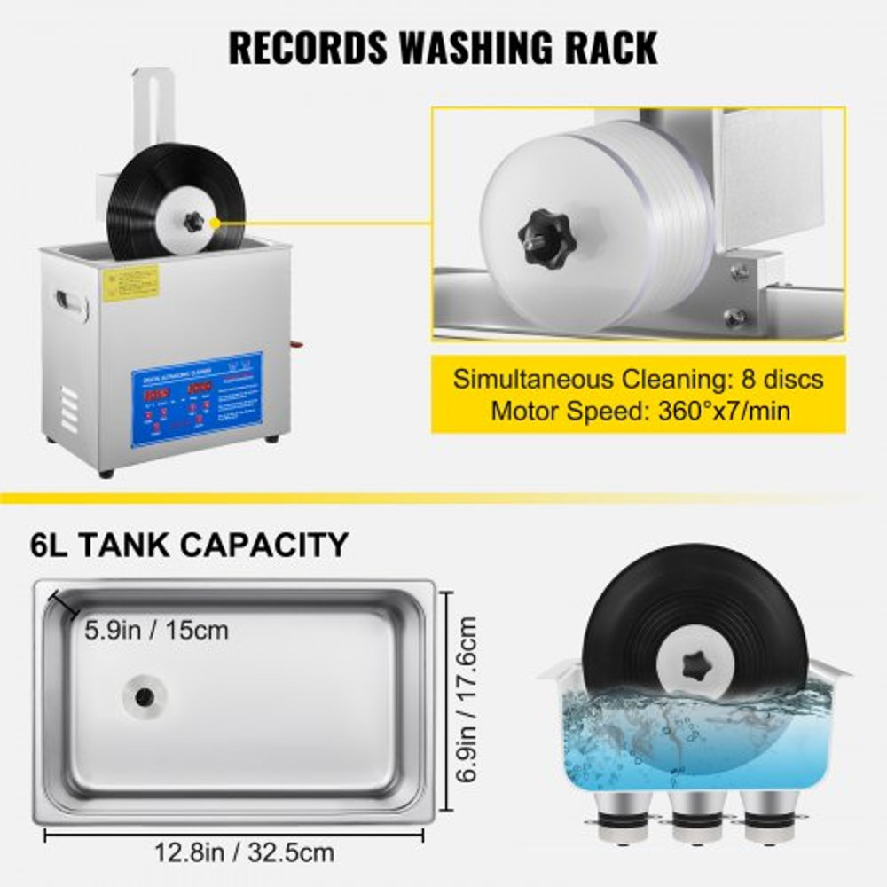 6L Ultrasonic Vinyl Record Cleaner Machine Professional 40kHz 180W Cleaner With Drying Rack For 7 T 6