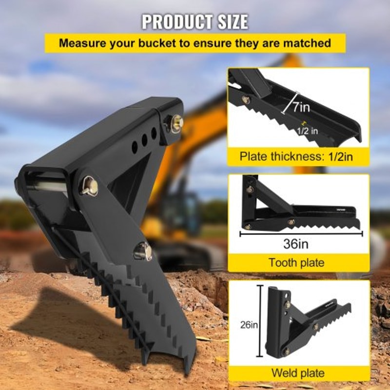 Heavy Duty Weld On Backhoe Thumb, Adjustable Excavator Hoe Clamp with Teeth, Thick Steel Plate, and Bolt-On Design