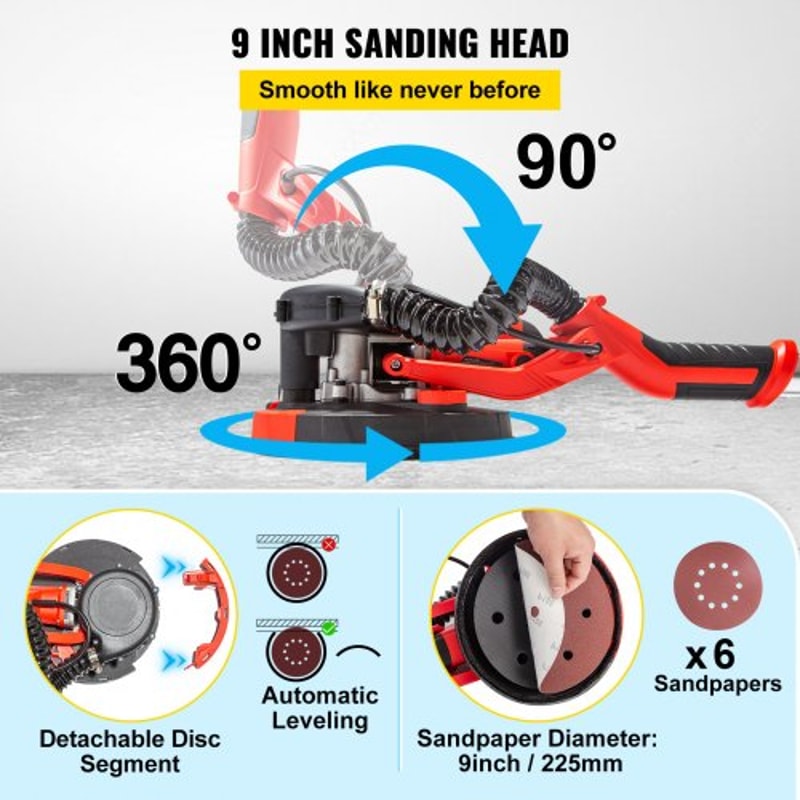 Electric Drywall Sander, Foldable Sheetrock Sander with Adjustable Handle, Speed Control, LED Light, Vacuum Bag