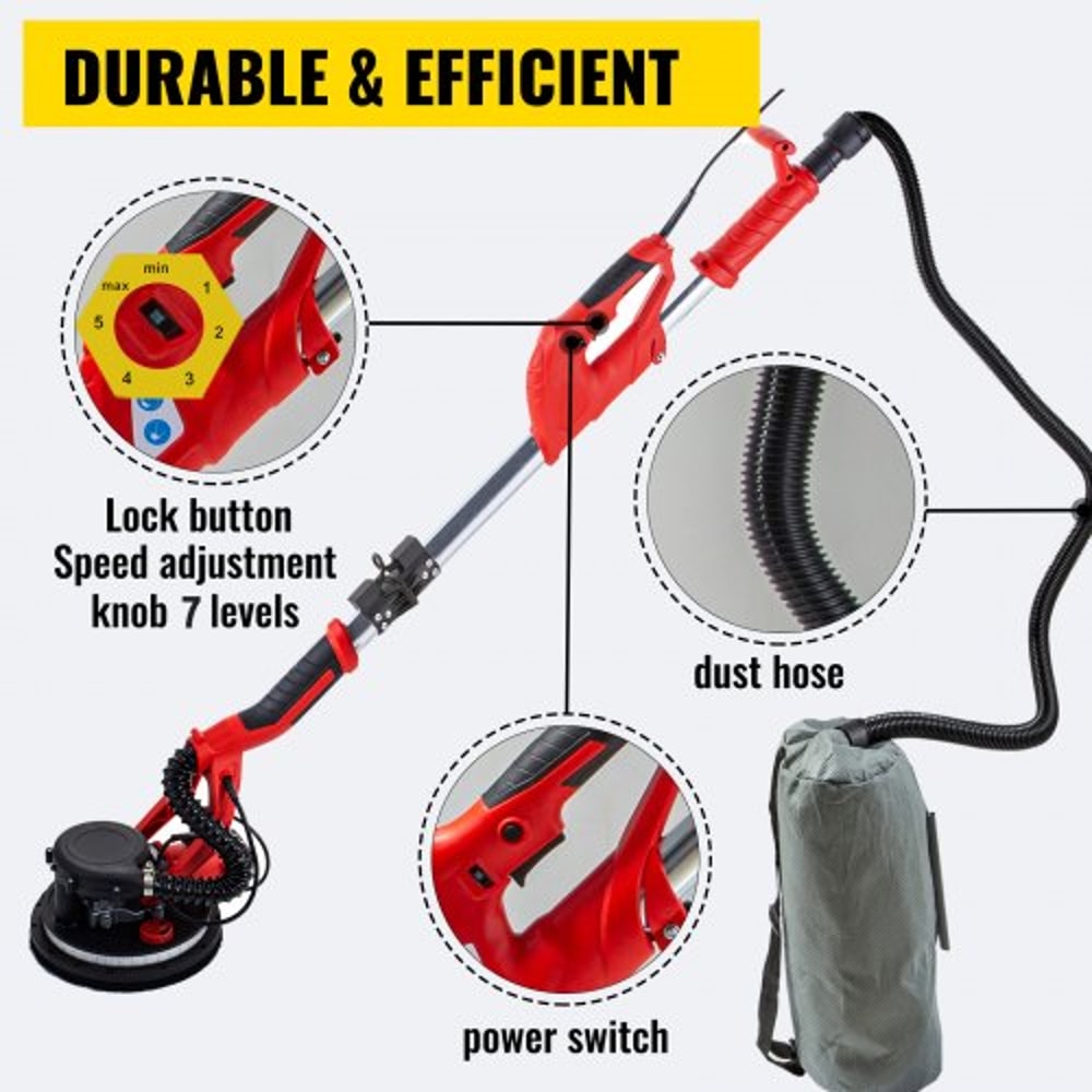 Electric Drywall Sander with LED Strip Light, Foldable Sheetrock Sander with Vacuum Bag, Variable Speed & Telescopic