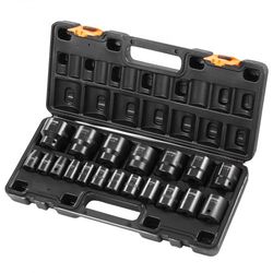 1/2" drive impact socket set, 19-piece sae 6-point hex sockets (3/8" to 1-1/2"), heavy-duty chrome vanadium alloy steel