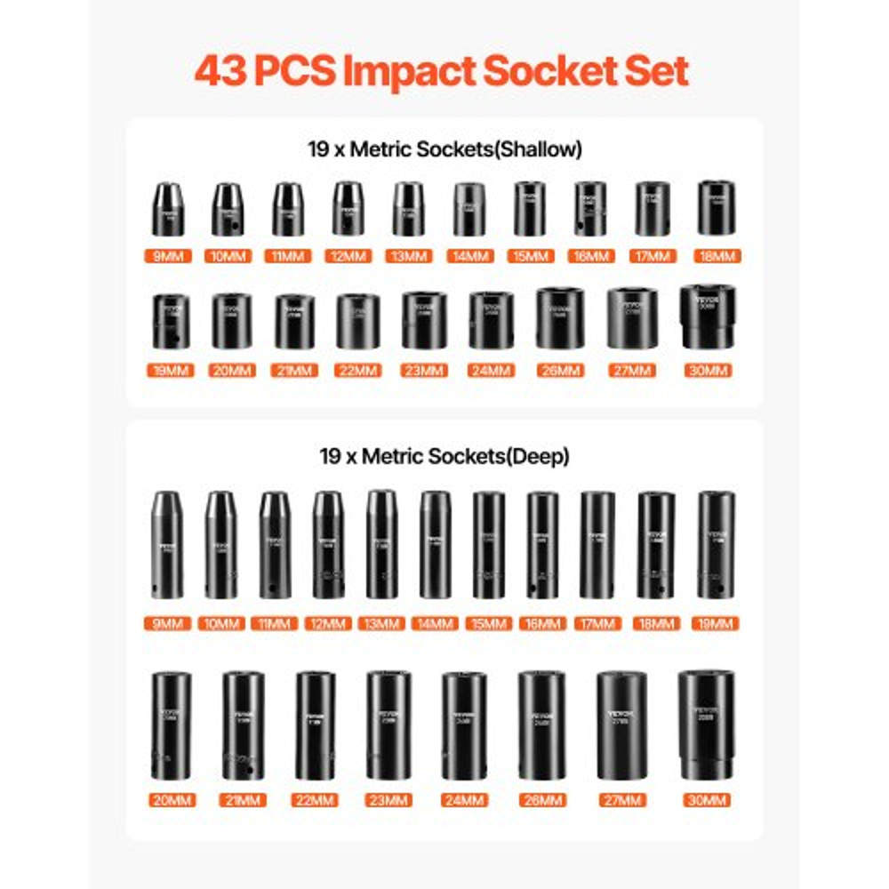 43Piece 12 Drive Impact Socket Set 6Point Metric Sockets 930mm Standard Deep Includes Extensions 3