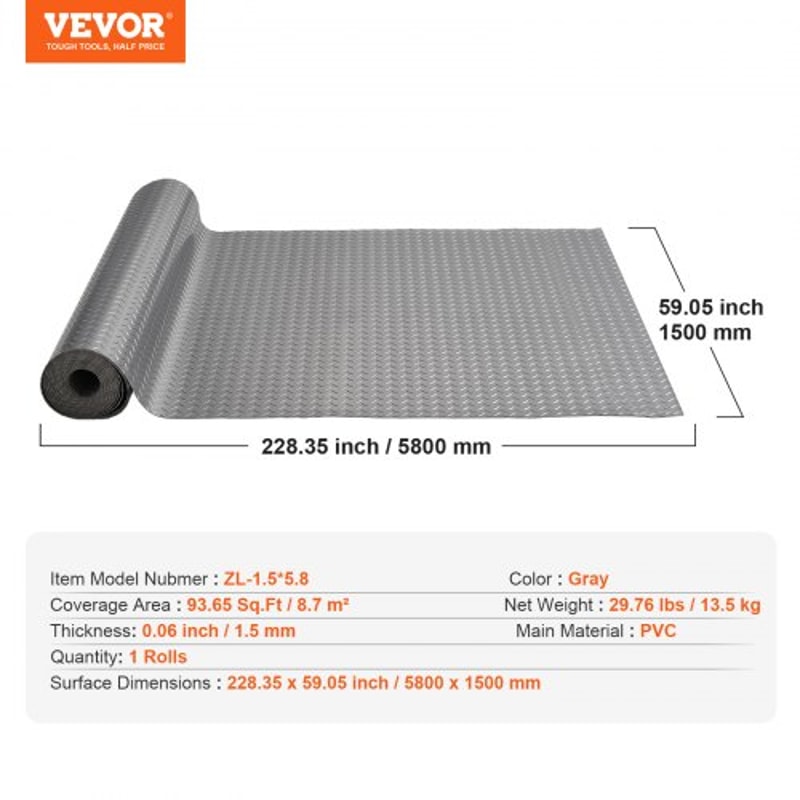 49x19ft AntiSlip Vinyl Garage Flooring Roll Diamond Texture Gray Garage Mat For Under Car Gyms Tra 7