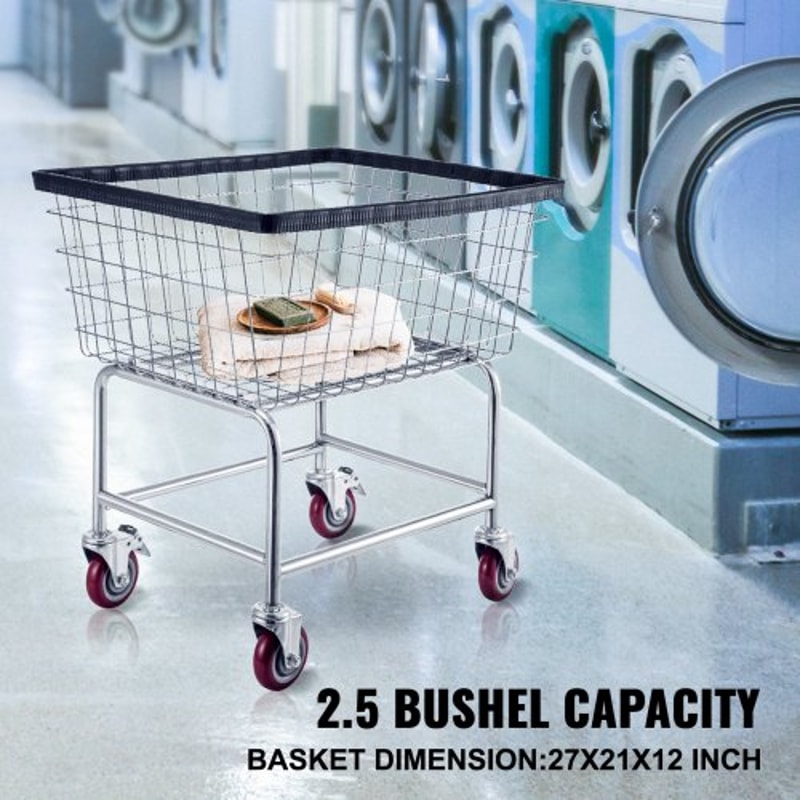 2.5 Bushel Wire Laundry Basket with Wheels, 21"x27"x27.5" Commercial Laundry Cart – Heavy-Duty Steel Frame